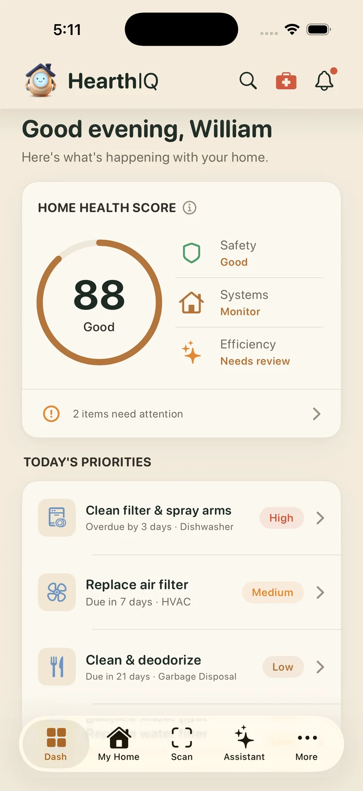 The House Pilot app dashboard showing the Home Health Score