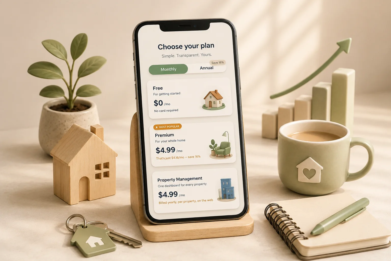 Phone showing House Pilot plan chooser on a cozy desk